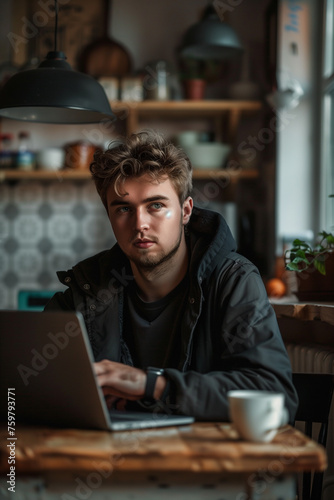 a young man working on a modern laptop in his own apartment