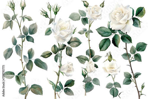Set of watercolor on floral white rose branches. Wedding concept a white background