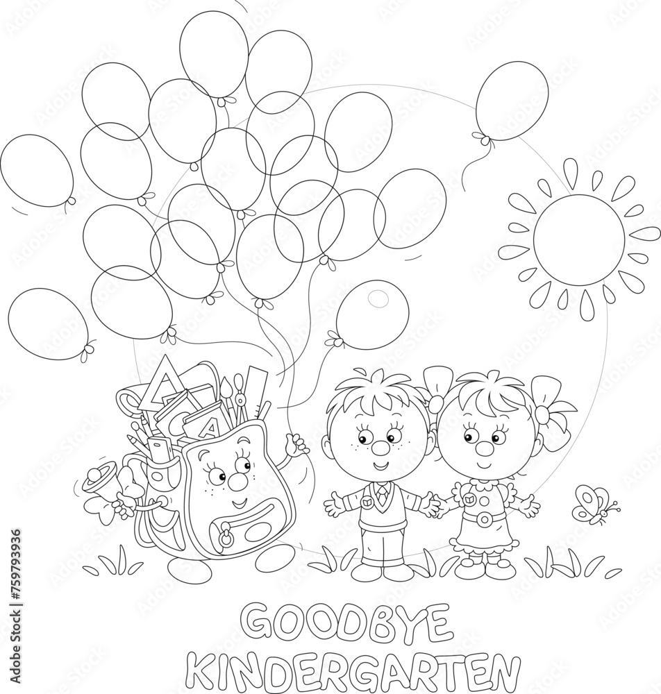 Goodbye kindergarten card with a happy little girl and boy and a funny cartoony schoolbag with balloons going from nursery school to primary school for start of classes, vector cartoon Goodbye kindergarten card with a happy little girl and boy and a funny cartoony schoolbag with balloons going from nursery school to primary school for start of classes, vector cartoon