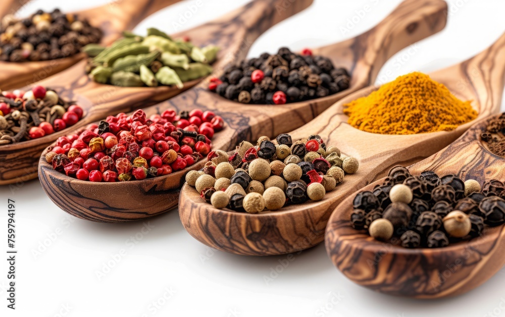 Assortment of Spices in Wooden Spoons Assortment of Spices in Wooden Spoons