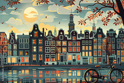Illustration of Amsterdam canals with bicycles and colorful houses photo