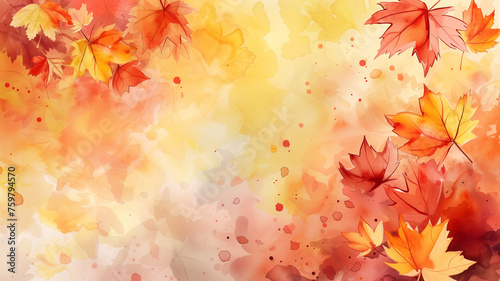 Autumn abstract art background with watercolor maple leaves. Watercolor hand painted natural art perfect for decorative designs on autumn festivals  headers  banners  wall decorations 