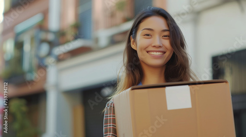 photo of a young and smiling woman holding an empty moving box, looking forward to move to here first own appartment