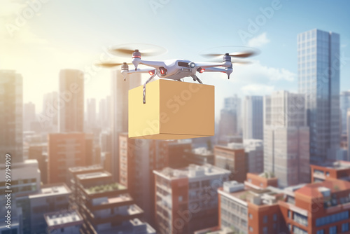 Delivery drone flying with package parcel box with cityscape background. Generative AI image.