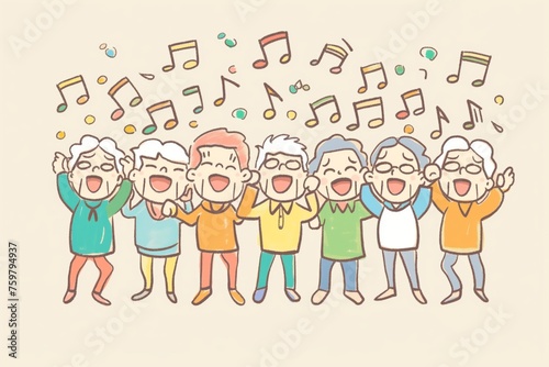 A group of happy elderly cartoon characters enjoy a sing-along activity  surrounded by musical notes