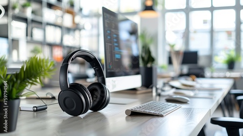 neatly organized desk with a state-of-the-art wireless headset emphasizing modern office essentials