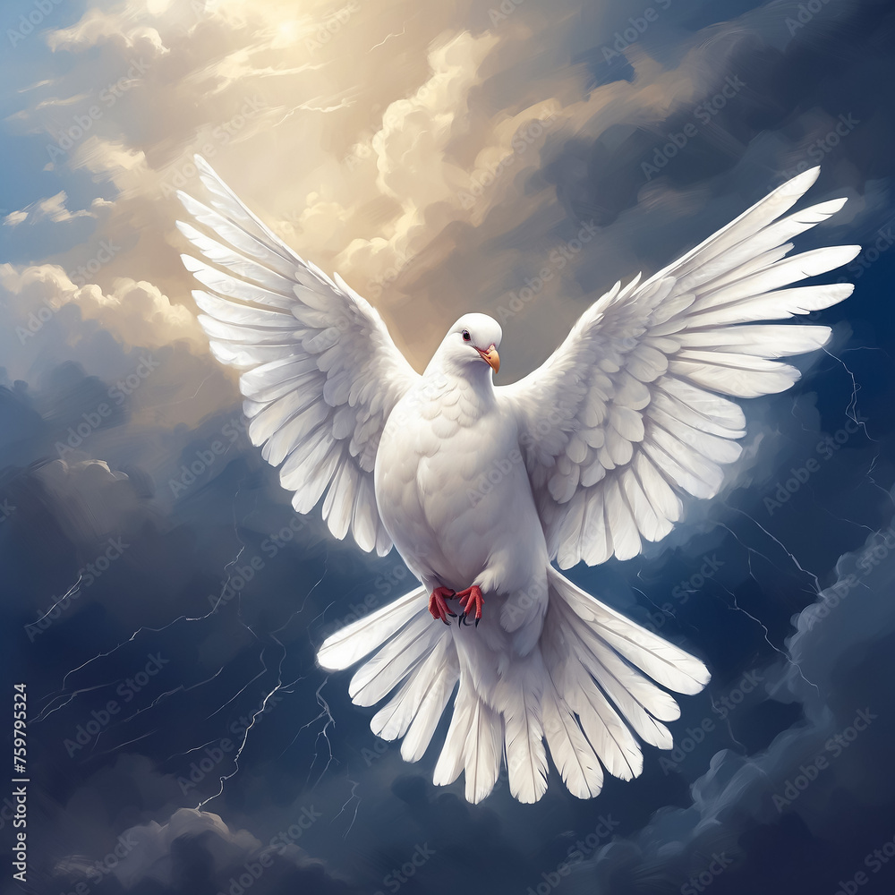 White dove on stormy sky background. The Holy Spirit. A bird of peace, kindness and hope. Square - obrazy, fototapety, plakaty 