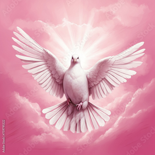 White dove on pink clouds background. The Holy Spirit. Square © Svetlana