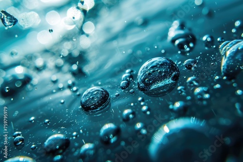 Blue Water Drops in Close-Up: Abstract Liquid Background with Bubbles and Waves