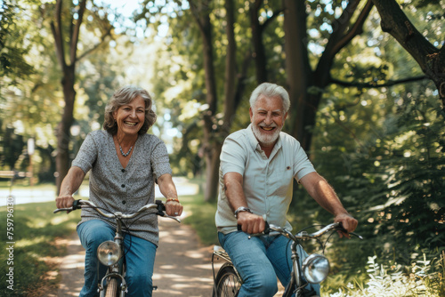 photo of happy senior couple riding bicycles in the park on a summer day © Kien