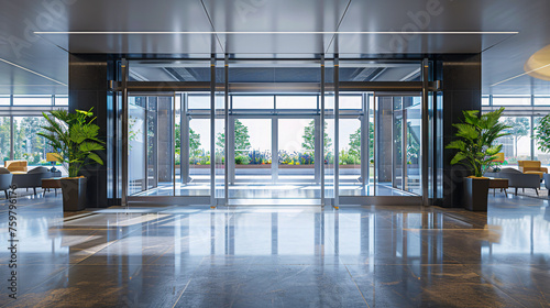 Modern Building Interior with Bright Light, Empty Office Corridor with Reflective Glass Windows
