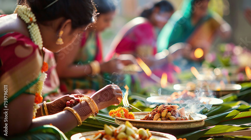 Indian people eating food at dining table outdoor. photo