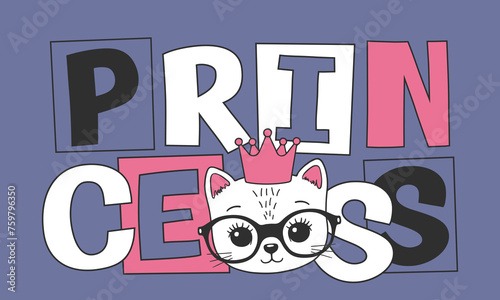 Cute princess cat girl face with crown for t-shirt graphics, fashion prints, slogan tees and other uses