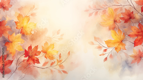 Autumn abstract art background with watercolor maple leaves. Watercolor hand painted natural art perfect for decorative designs on autumn festivals  headers  banners  wall decorations 
