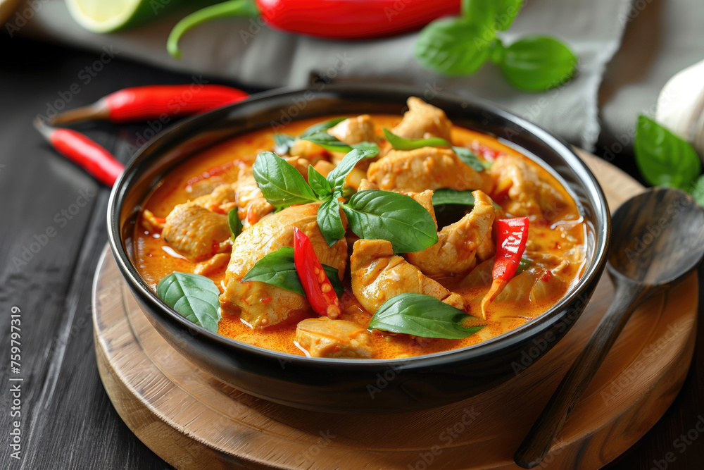 Delicious Bowl of Thai Red Curry Chicken on a Wooden Table