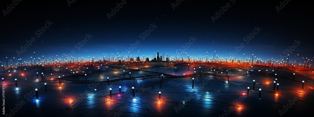 Neon Light Grid with Urban City Silhouette