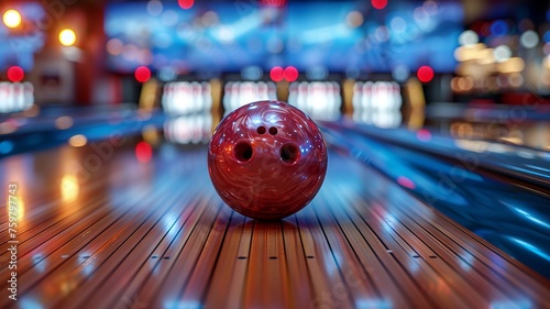 Bowling ball striking pins in a vibrant alley