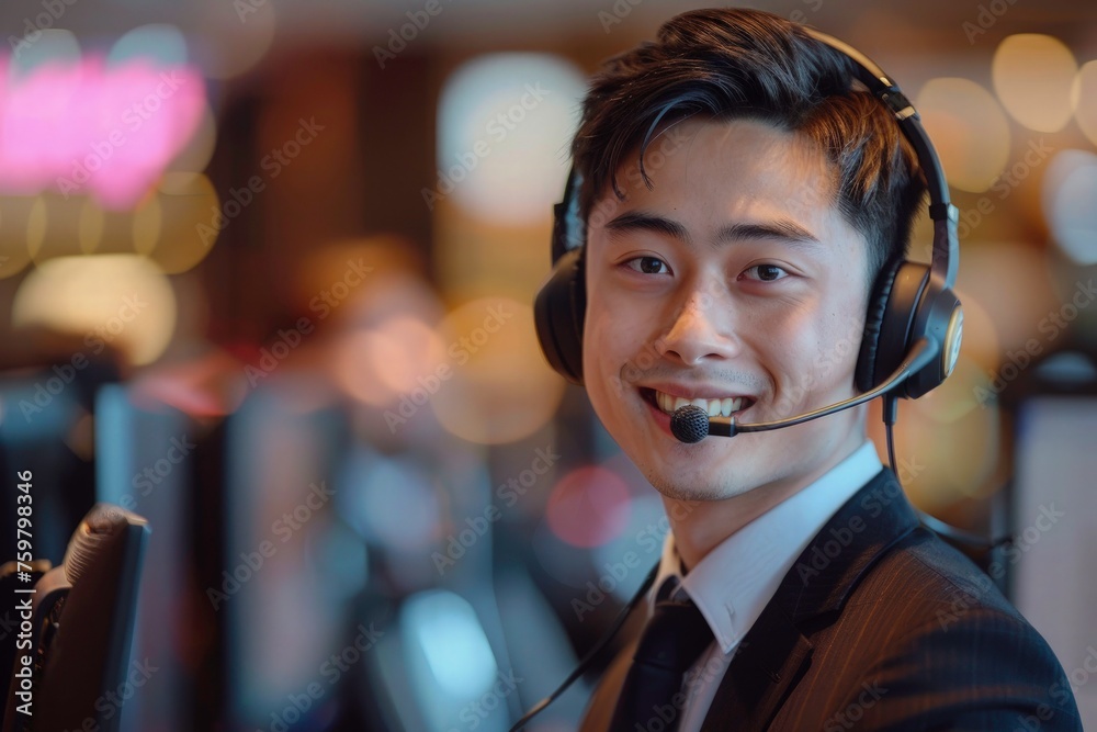 Smile face male customer care with headset against a telecommunication office background, man agent consultant with customer, telemarketing, communication. Smile face male customer care with headset against a telecommunication office background, man agent consultant with customer, telemarketing, communication.