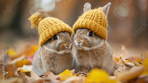 Two little funny rabbits dressed in woolen knitted hats in autumn background. generative ai  © Malaika