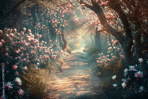 enchanted forest path lined with spring blooms and soft light, creating a whimsical, serene mood as if in a fairytale, glitter and sparkle