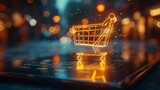 3D illustration of a secure online shopping cart icon floating above a digital tablet for e-commerce