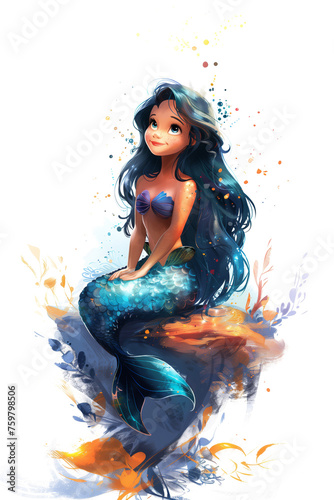 cartoon mermaid with long dark hair sitting on a rock, white background, watercolor sketch illustration
