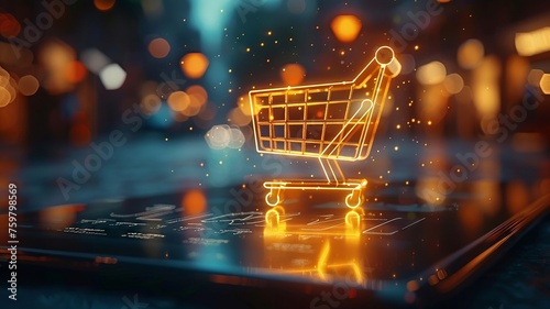 3D illustration of a secure online shopping cart icon floating above a digital tablet for e-commerce photo