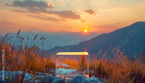 A clear glass podium with background of warm sunset light bathes a wild mountain meadow. © Teeradej