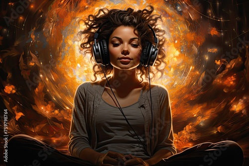Woman Meditating With Headphones Generative AI