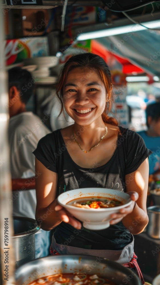 Friendly Street Food Vendor Offering Soup
