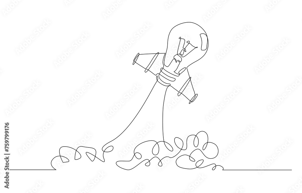 Continuous one line drawing of light bulb rocket soaring to sky, startup idea, innovation to drive business concept, single line art. Continuous one line drawing of light bulb rocket soaring to sky, startup idea, innovation to drive business concept, single line art.