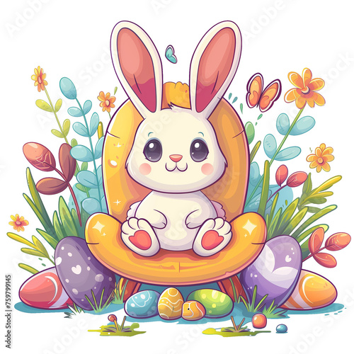 Easter egg bunny kawaii, sitting on a chair in the egg garden, genesis ai
