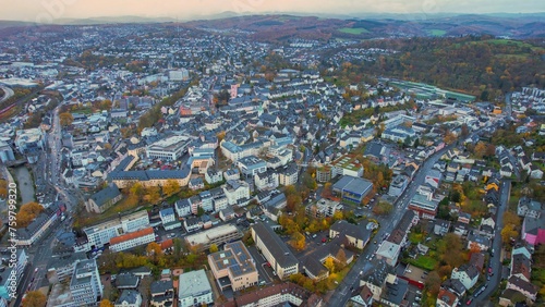 Aerial view around the old town of the city Siegen on a cloudy day in autumn in Germany.