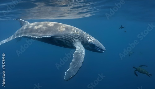 A Blue Whale Swimming Past A Group Of Sea Turtles © Zeenat