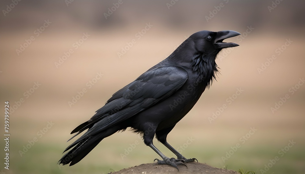 Fototapeta premium A Crow With Its Feathers Fluttering In The Breeze