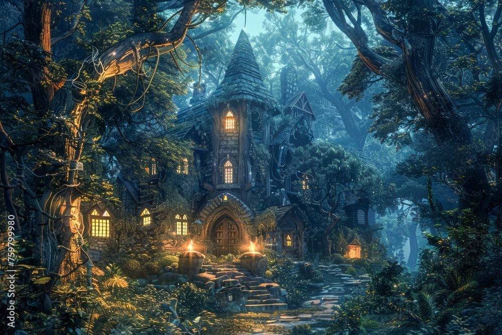 Enchanted Fairy Tale Forest Mansion at Twilight with Magical Glowing Lights and Mystical Atmosphere