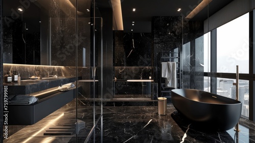 Minimalist Penthouse Bathroom: Luxurious Black Design with Freestanding Bathtub photo