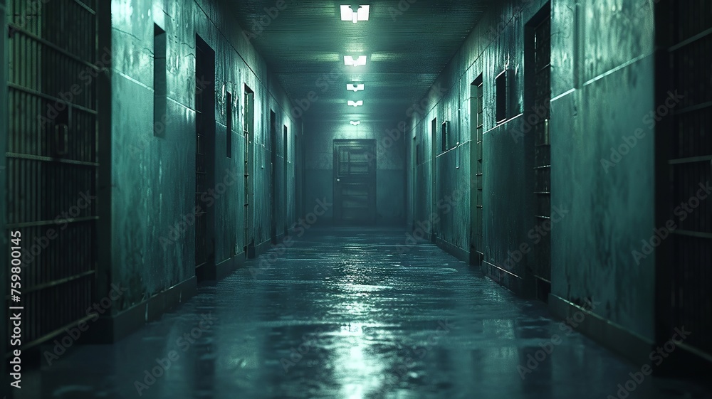 Secure cells nestled in a shadowy hallway - obrazy, fototapety, plakaty 