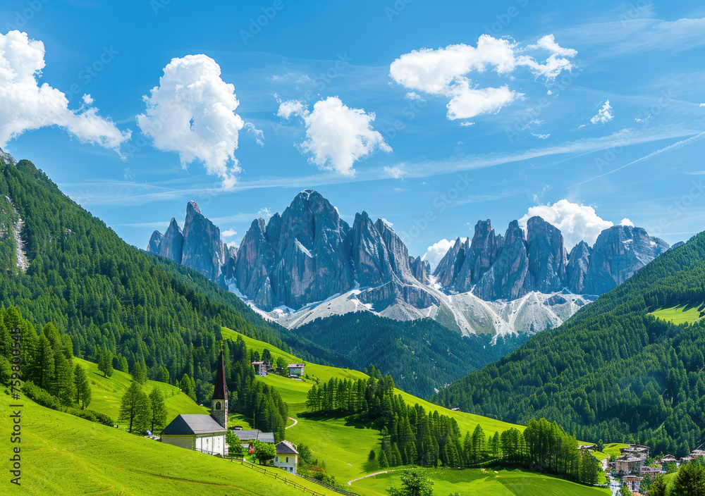 a view of the Dolomites in South Italy, with green meadows and small villages below, with tall white mountains behind them