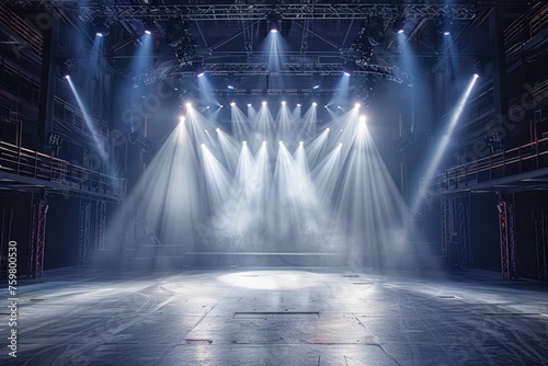 Dramatic Stage Lighting in Empty Concert Hall with Spotlight and Smoke Effects