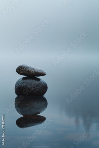 Two Zen stones in water with fog in the background