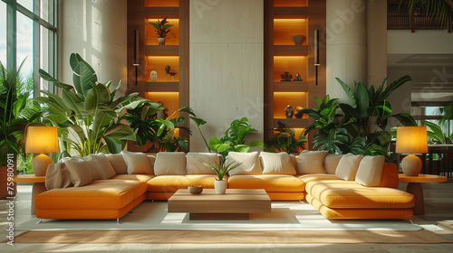Modern Living Room Interior with Orange Sofa and Indoor Plants