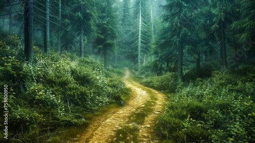 Enchanting Forest Pathway Surrounded by Misty Trees with Sunlight Peering Through the Verdant Wilderness
