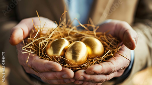 Businessman holding golden goose eggs in straw, Income and return on investment. profit, capital gain, dividend, yield, interest return from investing, value investor concept