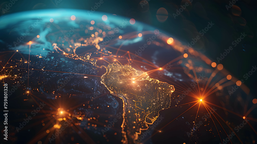 Fototapeta premium A global network of interconnected lighting connections on the Earth, digital data connection and cloud technology, blockchain technology