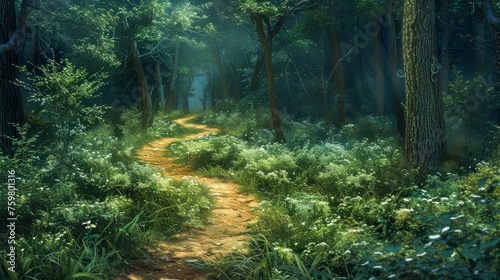 Enchanted Forest Pathway Through Lush Greenery at Twilight with Mystical Atmosphere