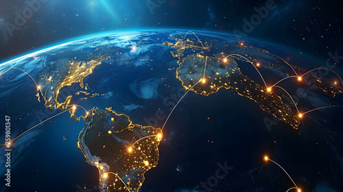 A global network of interconnected lighting connections on the Earth, digital data connection and cloud technology, blockchain technology