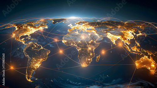 A global network of interconnected lighting connections on the Earth, digital data connection and cloud technology, blockchain technology