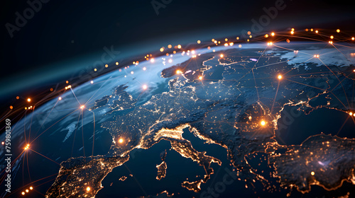 A global network of interconnected lighting connections on the Earth  digital data connection and cloud technology  blockchain technology