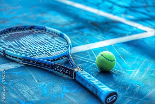 Tennis rackets and ball on blue hard court background, close up